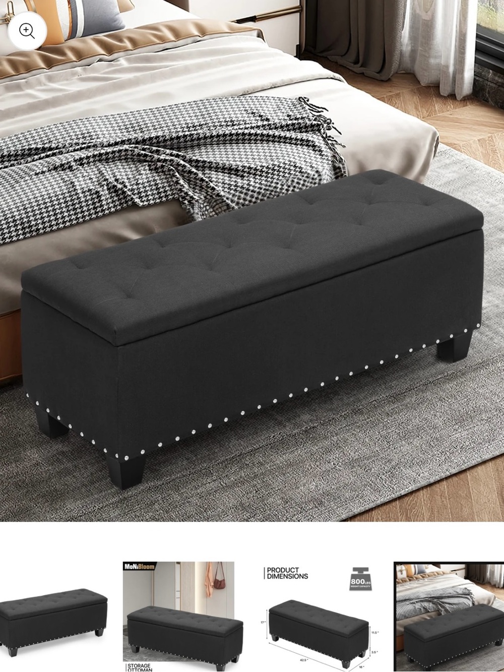 Tufted Storage Ottoman Bench in Dark Gray - Upholstered Fold-Top Seat! NEW !